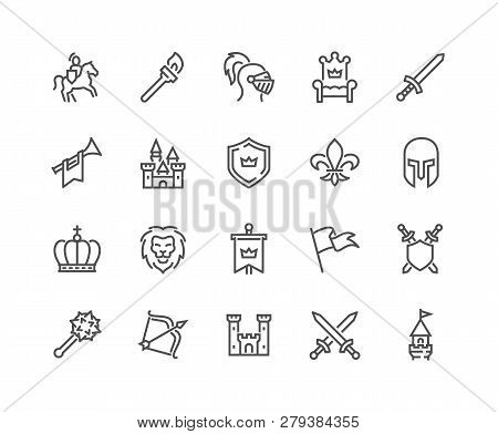 Simple Set Of Medieval Related Vector Line Icons. Contains Such Icons As Knight, Castle, Crown And M