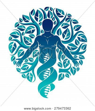 Vector Individual, Mystic Character Deriving From Dna Strands And Made With Eco Tree Leaves. Human, 