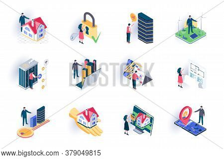 Real Estate Isometric Icons Set. Buildings Sale, Mortgage And Rent, Architecture Engineering And Con