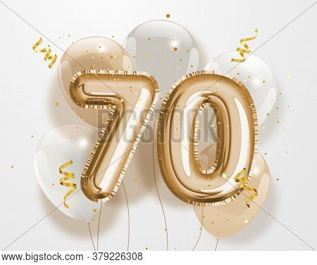 Happy 70th Birthday Gold Foil Balloon Greeting Background. 70 Years Anniversary Logo Template- 70th 