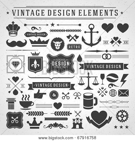 Vintage vector design elements. Retro style golden typographic labels,  tags, badges, stamps, arrows and emblems set. 