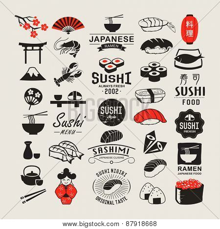 Vector Sushi logotypes set. Sushi vintage design elements, logos, badges, label, icons and objects