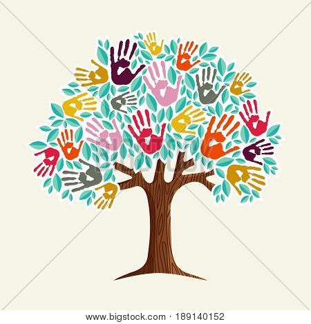 A helping hand: tree made of diverse handprints shape. Community help concept illustration. EPS10 vector.