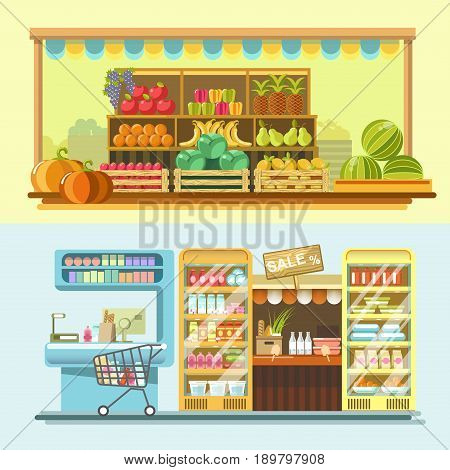 Shop, store and market counters or product booth displays. Vector flat vendor stands for fruits, supermarket grocery and dairy or frozen food showcase or shop-window refrigerators for sale or shopping