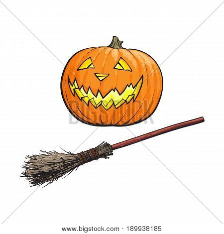 Hand drawn Halloween symbols - pumpkin jack o lantern and old twog broom, sketch vector illustration isolated on white background. Sketch style Halloween pumpkin, jack o lantern and witch broom