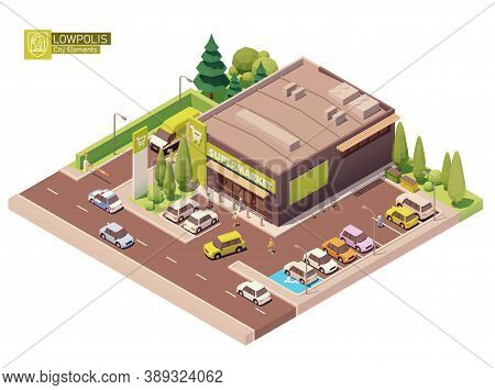 Vector Isometric Supermarket Building. Grocery Store Building Exterior. Big Shop With Car Parking. I