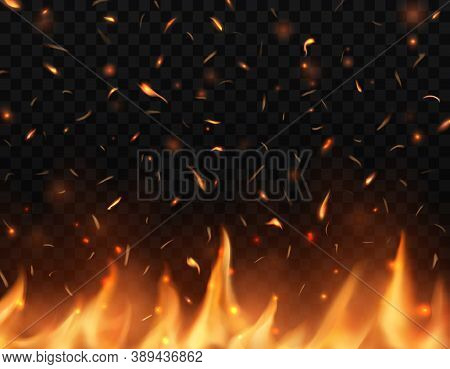 Realistic Fire Tongues With Sparks, Vector Glow Shining Flare, Burning Campfire Flame With Particles