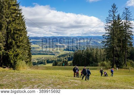 Tourists Walking In The Mountains. The Trees Of Sumava National Park Near The Treetop Walkway (stezk