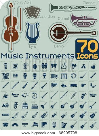 70 Music Instruments Icons Vector Set