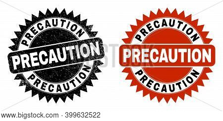 Black Rosette Precaution Watermark. Flat Vector Textured Watermark With Precaution Text Inside Sharp