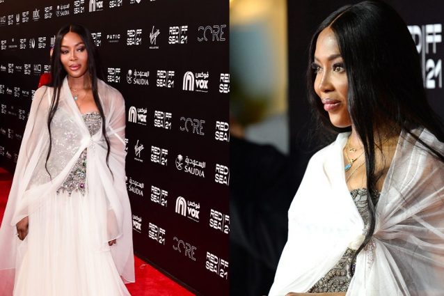 Naomi Campbell con l’abito di pietre preziose: perché sul red carpet era coperta da un velo bianco