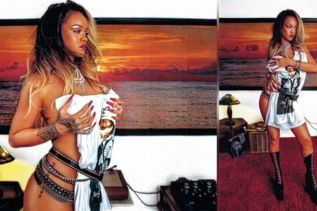 Rihanna in topless tra borchie e accessori bondage: copre il seno con la t-shirt “auto-referenziale”