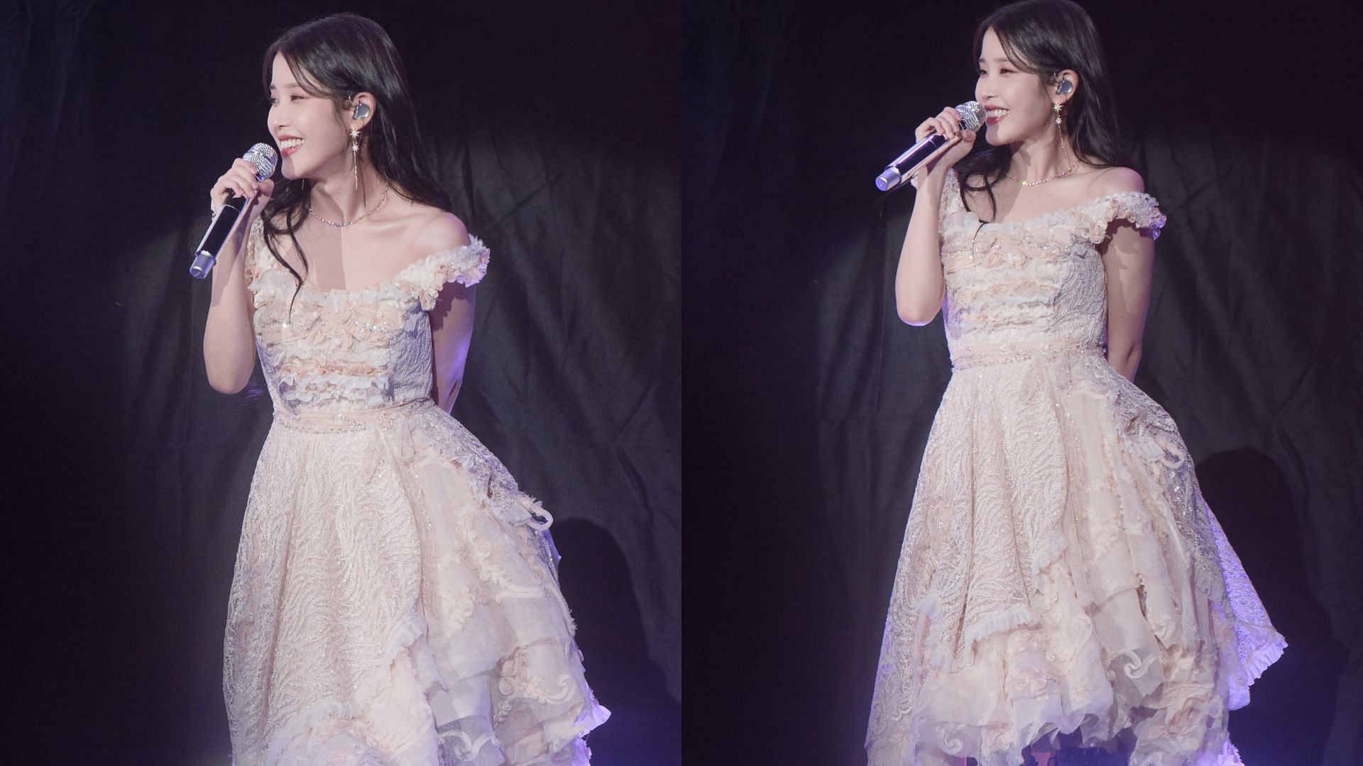 The peach lace gown made Jieun look nothing less than a princess (Image via Twitter/JongHeon_IU0516)