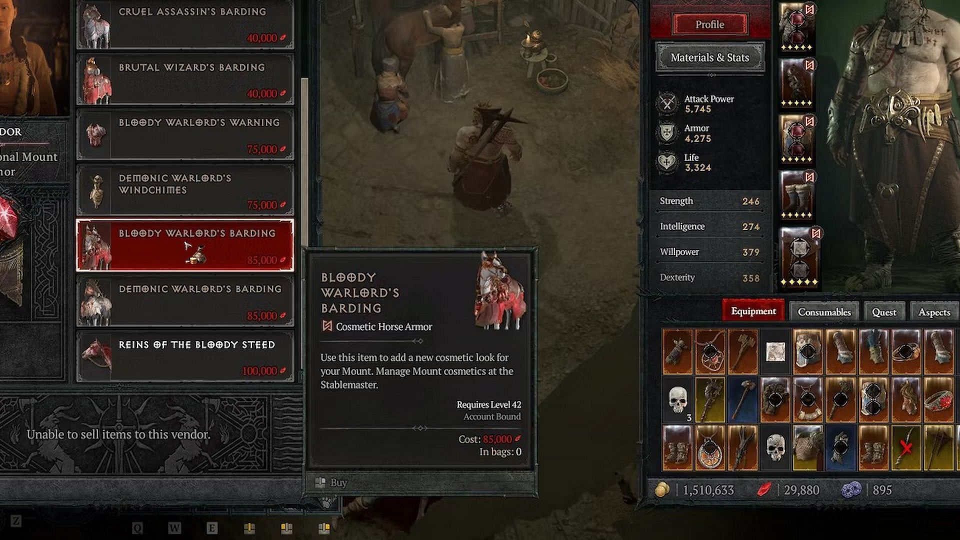 This mount armor costs 85,000 Red Dust (Image via Diablo 4)