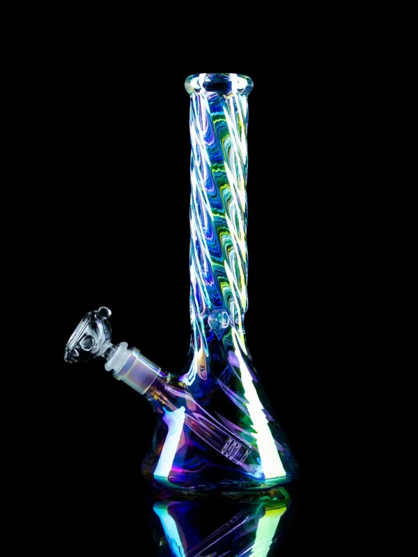 twisted bong with iridescent finish on black table