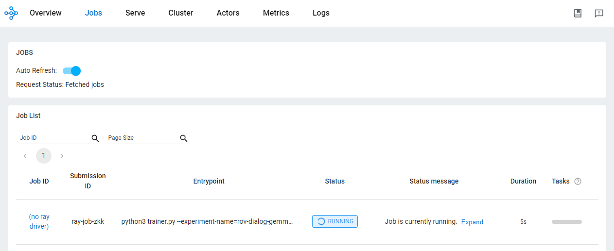 OSS dashboard showing job status