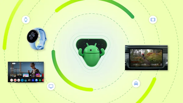 An image showcasing Android 15 logo in the middle surrounded by a smartwatch, a TV interface, a car display interface in a circular web.