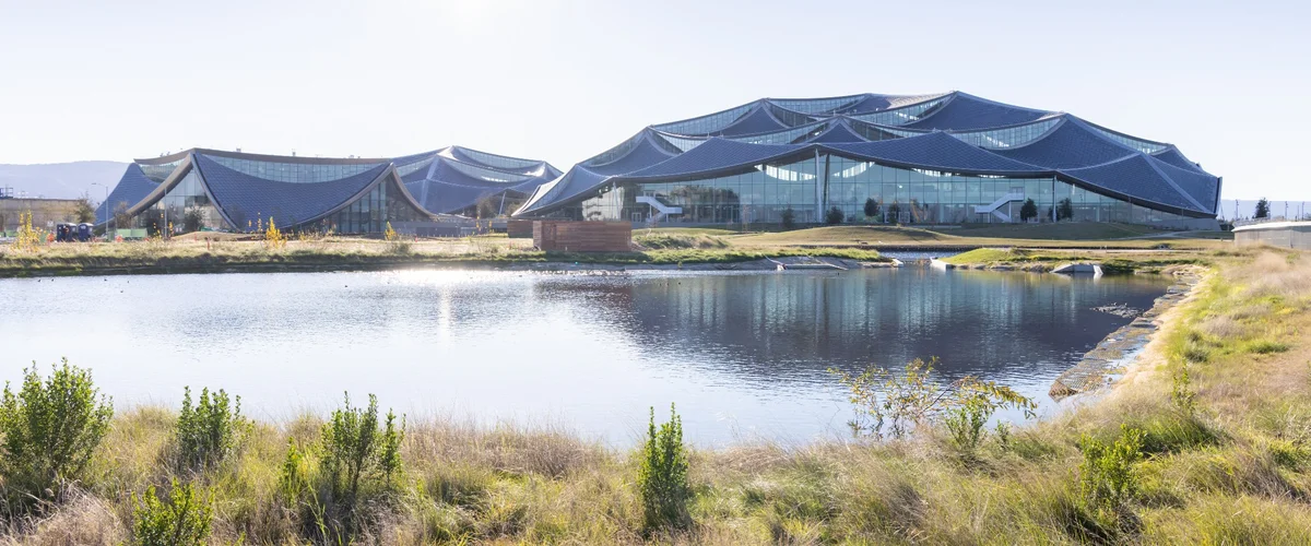 A photo of a pond surrounded by green space in front of two office buildings with solar-paneled roofs.