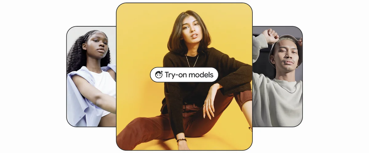 Three photos of models wearing different clothes. The images are overlaid with an icon that says “Try-on models.”