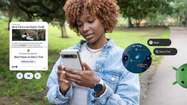 Woman using offline maps on her Wear OS watch to help her navigate through a walking trail while listening to an article on Chrome called Best Views on Starry Trail.