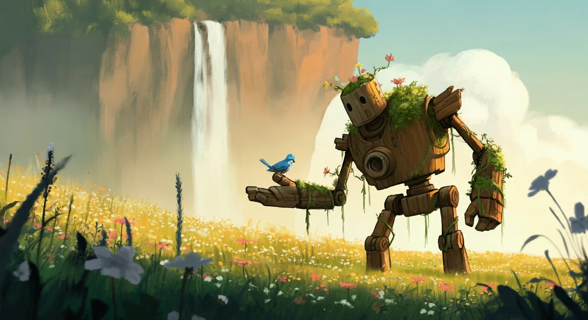 A moss-covered wooden robot stands in a field of wildflowers, holding out its hand to a small bluebird perched on it. A waterfall flows down a cliff in the background.