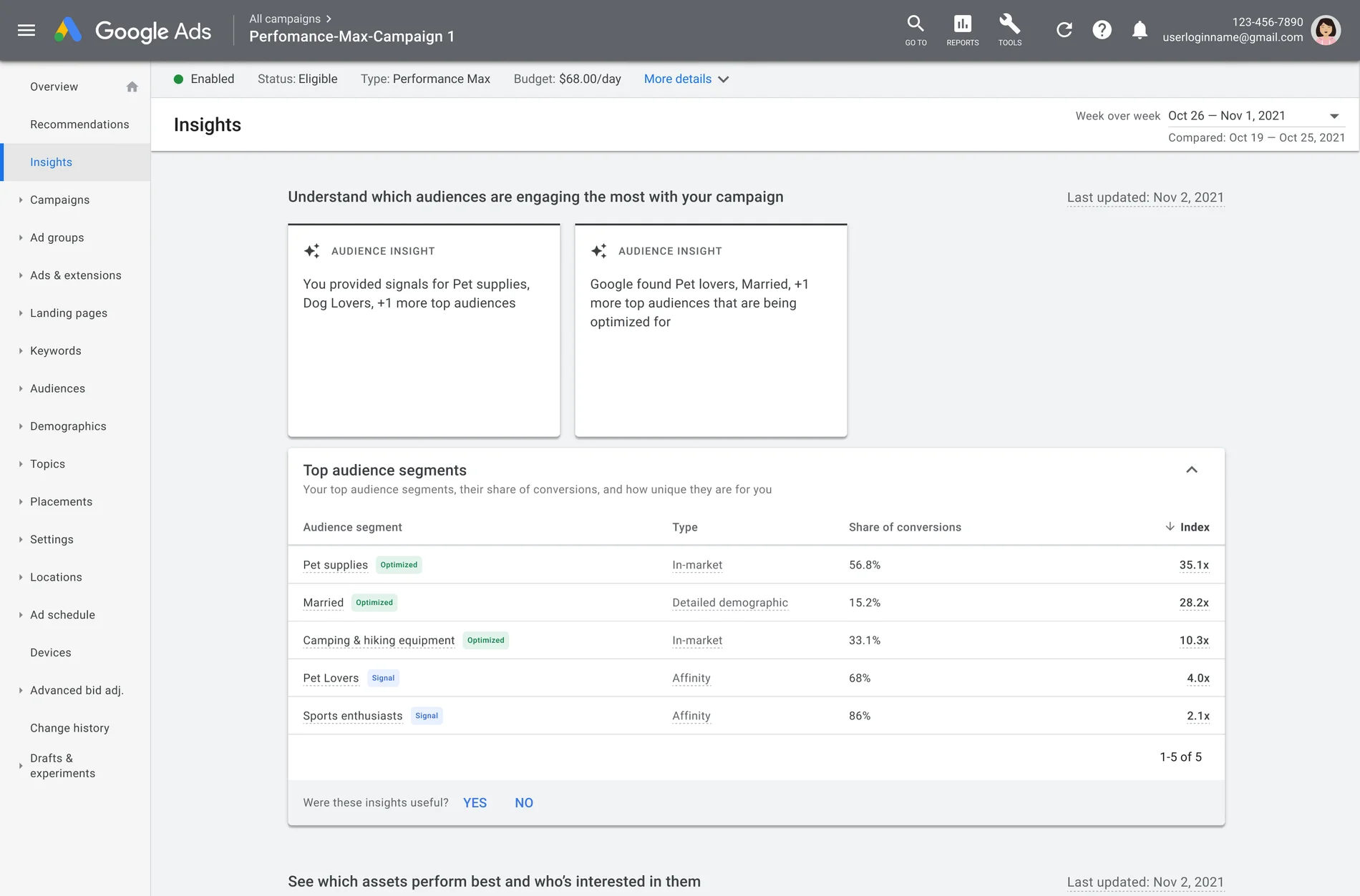 Image of the Insights page in Google Ads. The top of the image includes two cards, each labeled “Audience Insight.” Below the cards is a chart titled “Top audience segments,” with columns for “Audience segment,” “Type,” “Share of conversions” and “Index.”  The first three rows of audience segments have a green “Optimized” label next to them, while the last two rows have a blue “Signal” label next to them.