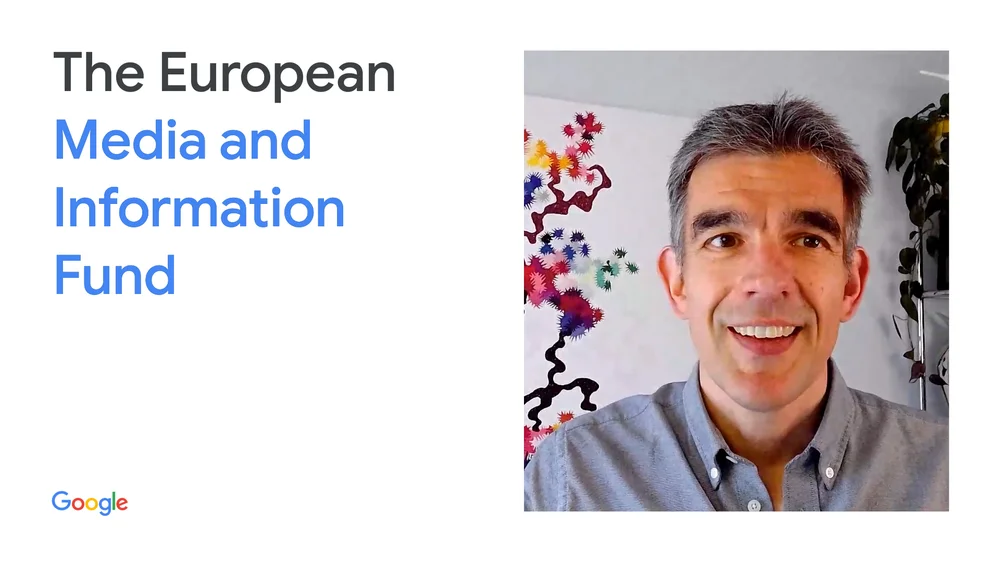 Text: "The European Media and Information Fund" with a still of a man speaking into a video chat camera.