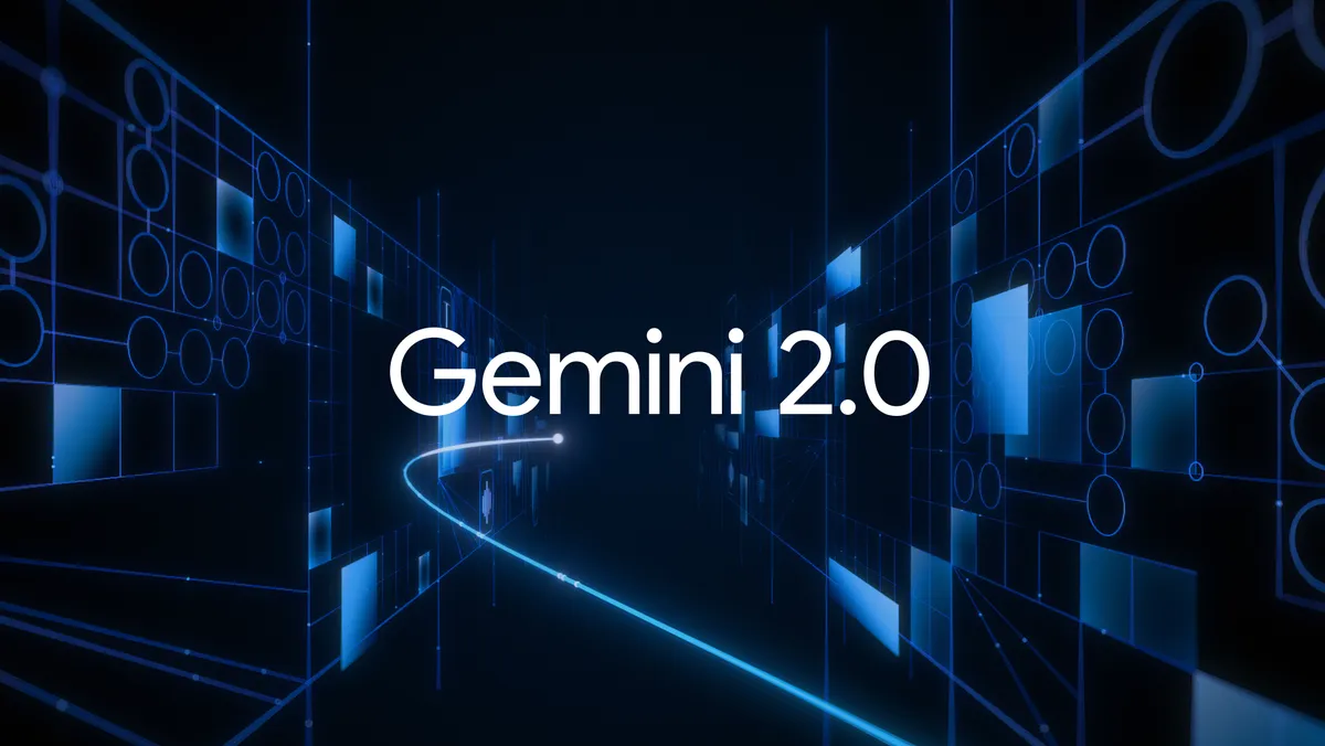 Text "Gemini 2.0" in front of a futuristic blue and black abstract background