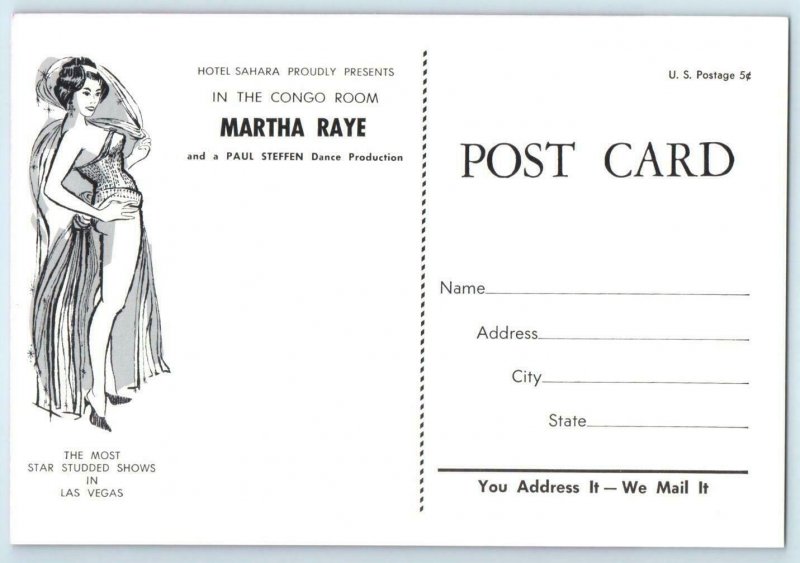 LAS VEGAS ~ Hotel Sahara MARTHA RAYE Caricature Congo Room c1960s-5x7 Postcard