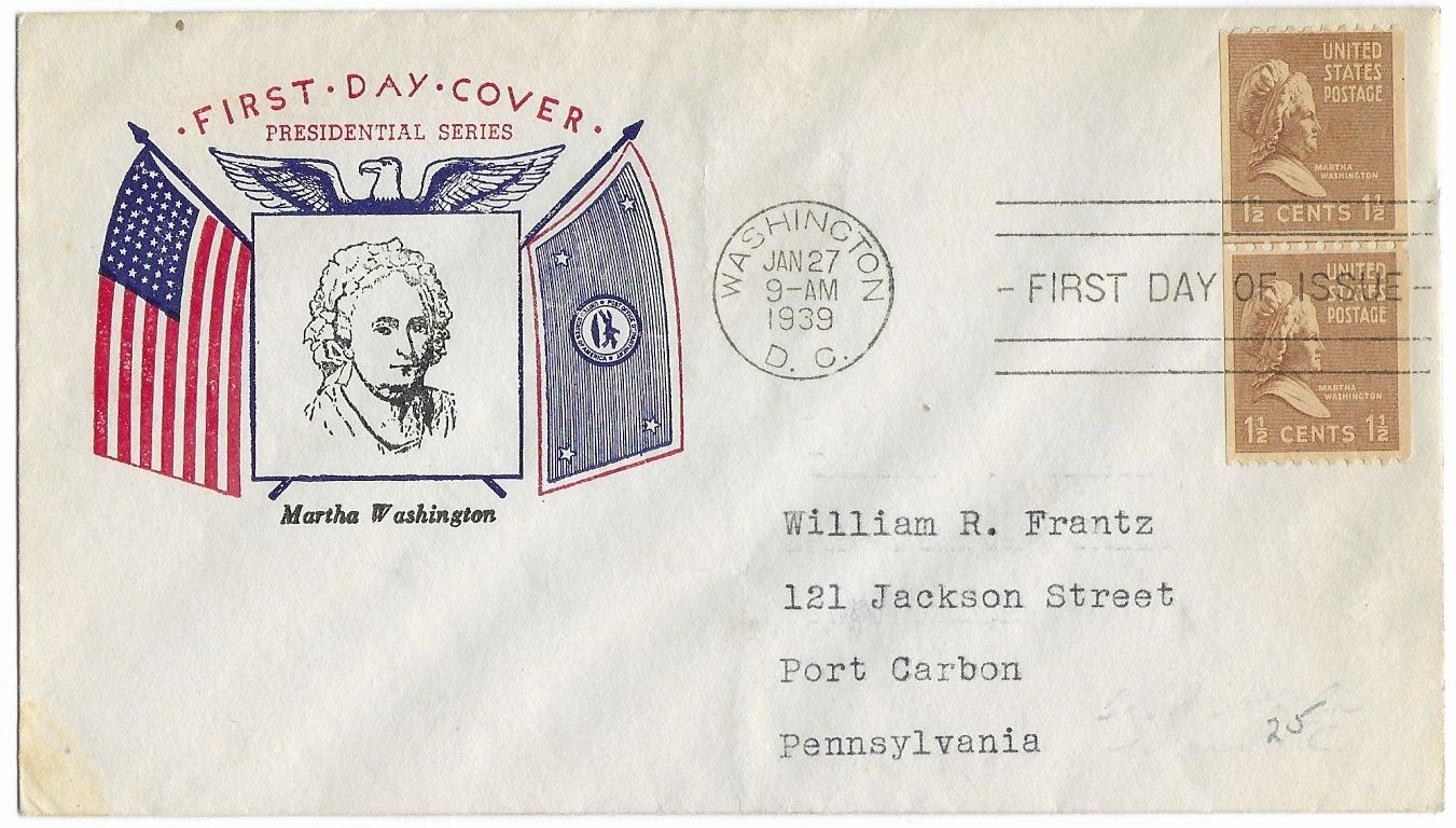 1939 Prexie Coil FDC, #849, 1-1/2c Martha Washington, Fidelity P-5 ...