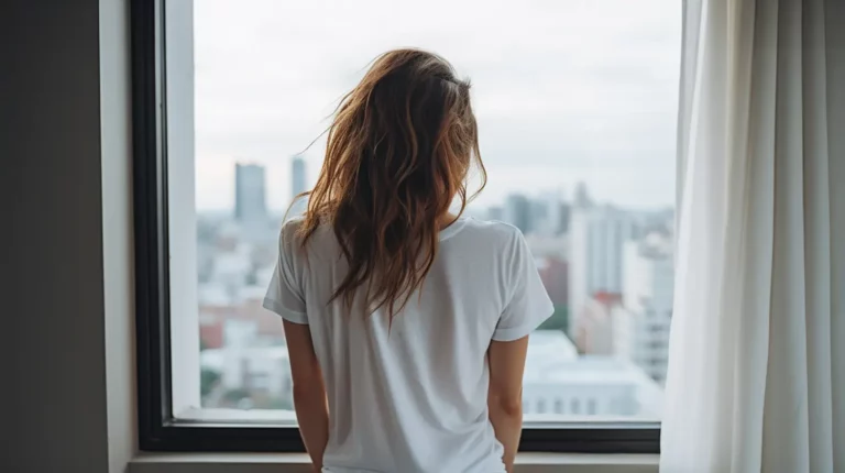 A woman with morning anxiety looking out the bedroom window