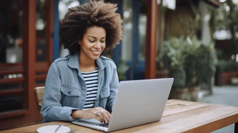 A woman working on her goal chart on her laptop