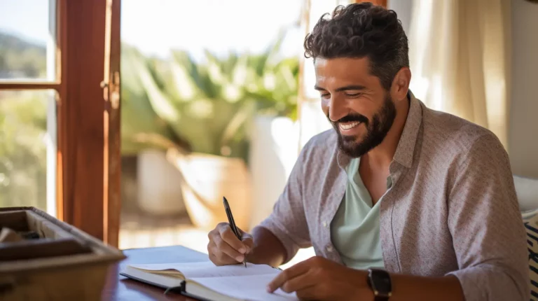 A man setting intentions in a notebook