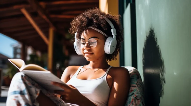 A woman wearing glasses and headphones reads a book while sitting down