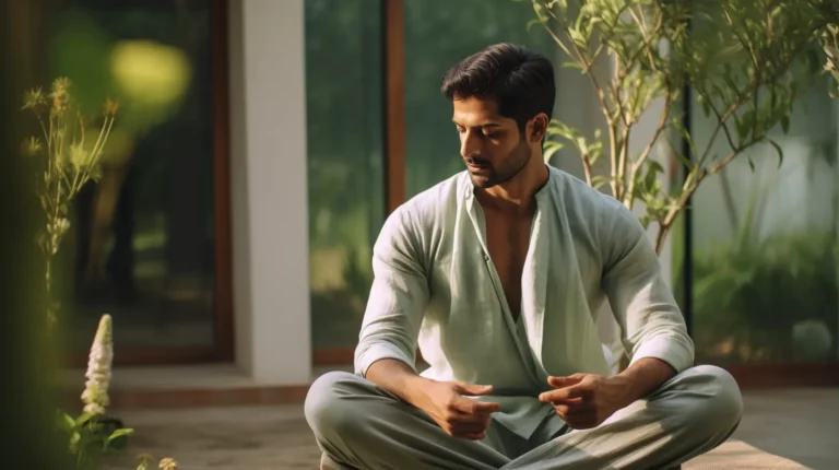 A man in green sits in lotus position as he experiences healing mediation