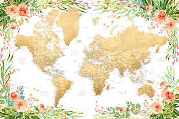 Mapa Floral bohemian world map with cities, Blythe