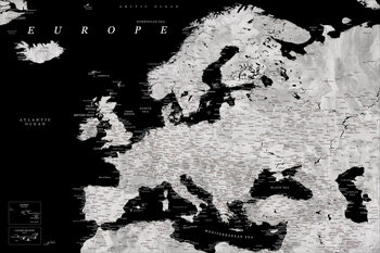 Mappa Black and grey detailed map of Europe in watercolor