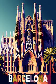 Εικονογράφηση Barcelona - Sagrada Familia - in a travel poster style