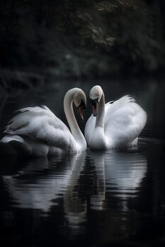 Illustrazione Beautiful romantic swans, lake setting