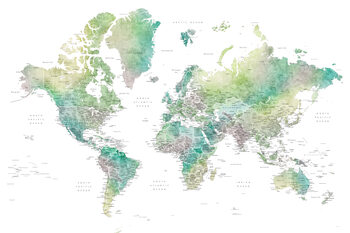 Karta Watercolor world map with cities in muted green, Oriole