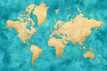 Karte Detailed world map with cities in gold and teal watercolor, Lexy