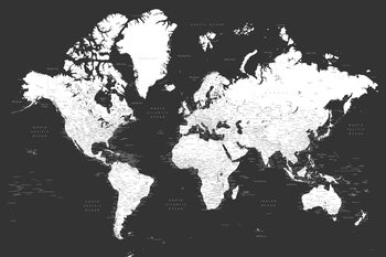 Karte Black and white detailed world map with cities, Milo