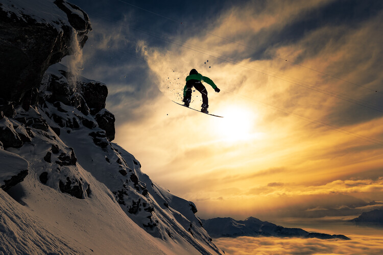 Bild auf Leinwand Sunset Snowboarding