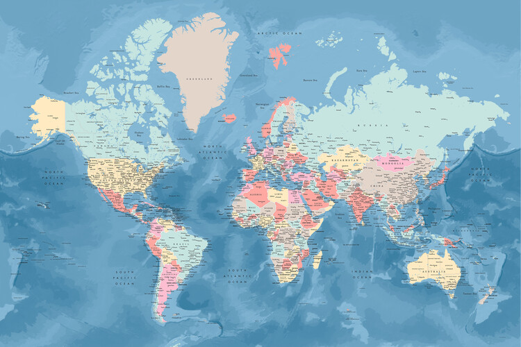 Karta Light blue and pastels detailed world map