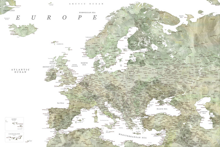 Mappa Detailed map of Europe in green watercolor