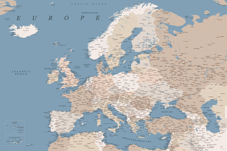 Mappa Detailed map of Europe in blue and taupe