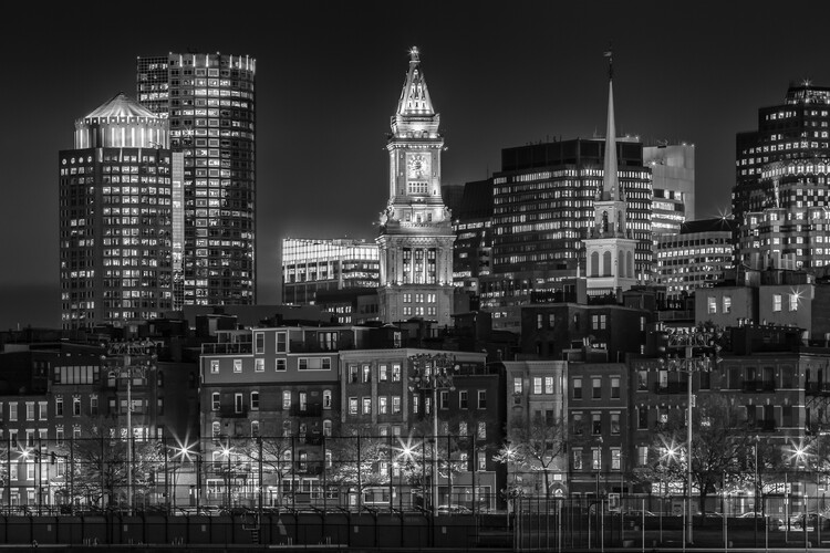 Kunstfoto BOSTON Evening Skyline of North End & Financial District | Monochrome