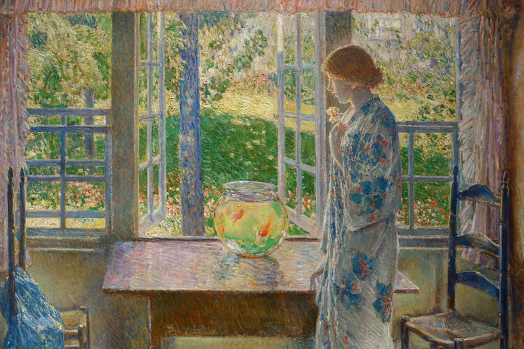 Reprodukcja The Goldfish Window (Traditional Vintage Female Portrait of a Ginger Girl & A Gold fish Bowl) - Frederick Childe Hassam