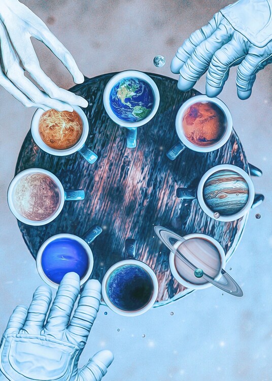 Illustrazione Solar system coffee cups and astronaut and alien hands