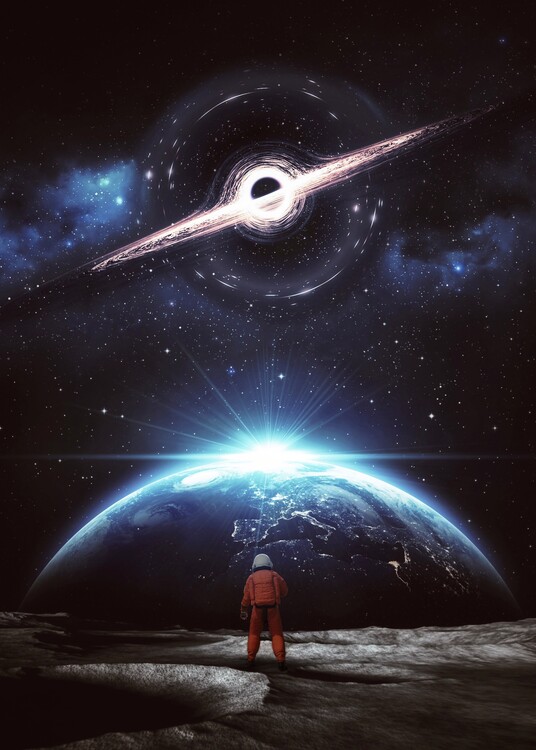 Illustration Astronaut on Moon Earth View and Black Hole in Space